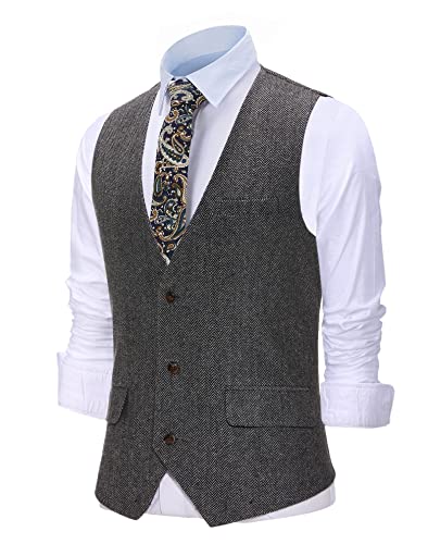 Zeattall Men's Herringbone Tweed Wool Suit Vest Single Breasted Slim Fit Waistcoat Vest(M,Grey)