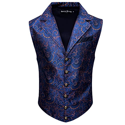 Barry.Wang Mens Silk Victorian Vest Tie Set Tailored Collar Dark Blue Paisley Steampunk Gothic Waistcoat Formal/Leisure