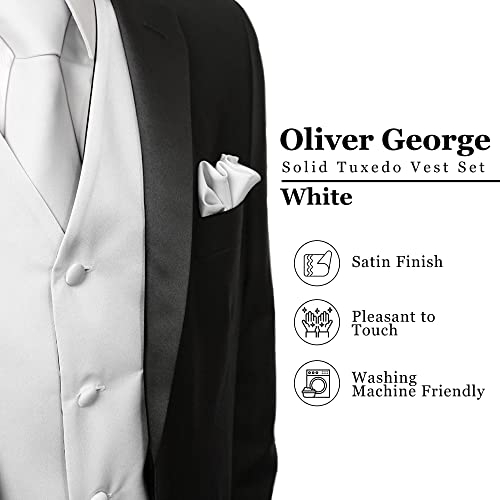 Oliver George 4pc Men's Vest | Vest and Tie Set For Men + Bow Tie + Handkerchief | Men's Tuxedo and Suit Vest | Solid Formal Waistcoat | White Large