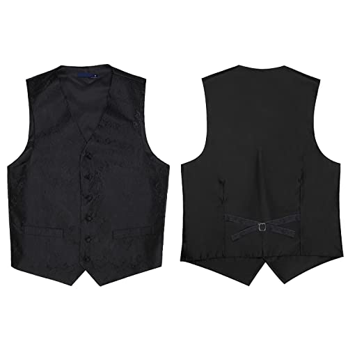 Enlision Mens Black Paisley Vest Classic Floral Jacquard Vests and Necktie Pocket Square Set Formal Dress Waistcoat for Suit or Tuxedo