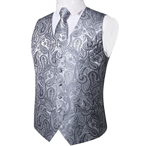 DiBanGu Mens Formal Silver Vest and Bow Tie Sets Waistcoat and Tie Pocket Square Cufflinks Business Party