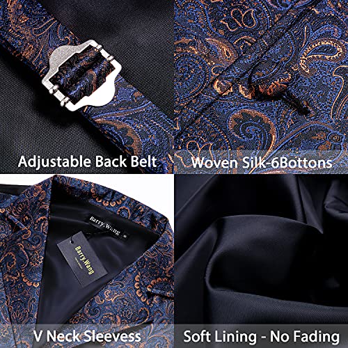 Barry.Wang Mens Silk Victorian Vest Tie Set Tailored Collar Dark Blue Paisley Steampunk Gothic Waistcoat Formal/Leisure