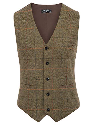 PJ PAUL JONES Mens Suit Vest Formal Grid Pattern Groom Vests Tweed Waistcoat