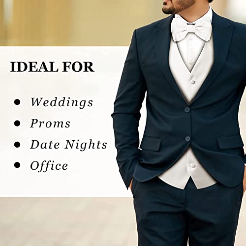 Oliver George 4pc Men's Vest | Vest and Tie Set For Men + Bow Tie + Handkerchief | Men's Tuxedo and Suit Vest | Solid Formal Waistcoat | White Large
