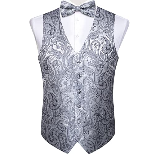 DiBanGu Mens Formal Silver Vest and Bow Tie Sets Waistcoat and Tie Pocket Square Cufflinks Business Party
