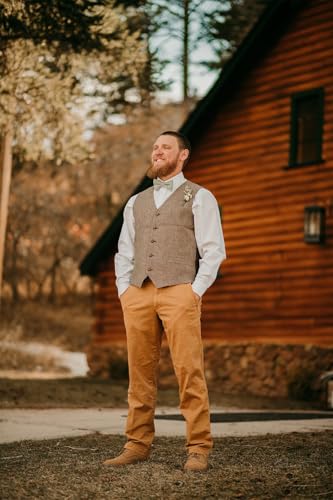Teukuire Men's V-Neck Suit Vests Slim Fit Casual Business Formal Herringbone Tweed Wool Waistcoat Wedding Groomsmen Suit Vest Light Brown L