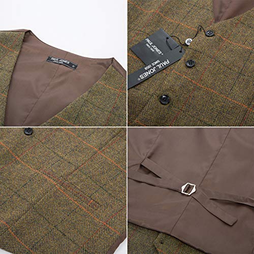 PJ PAUL JONES Mens Suit Vest Formal Grid Pattern Groom Vests Tweed Waistcoat