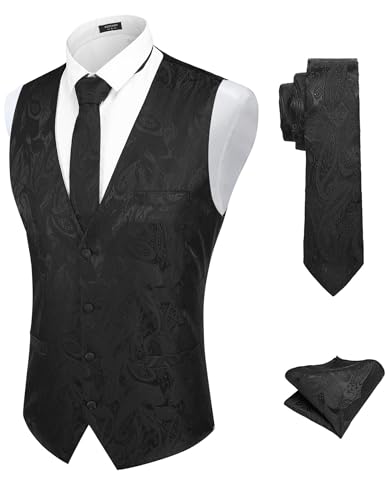 COOFANDY 3PCS Men's Suit Vest Set Business Formal Dress Waistcoat Vests with 3 Pockets, Black, L