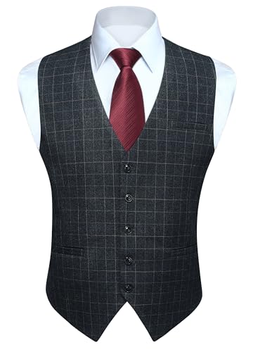 HISDERN Men's Suit Vest Black Plaid Dress Vest for Men Slim Fit Formal Waistcoat Vest for Tuxedo or Suit Classic V-Ncek Solid Color Wedding Business Vest