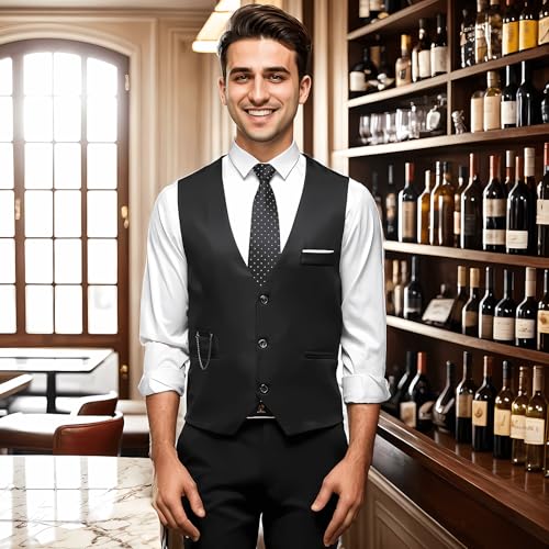 DOKKIA Men's Dress Vest Suit Waistcoat Formal Business Slim Fit V-neck Sleeveless Tuxedo Jacket with Chain Black Large