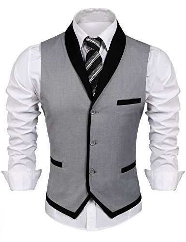 COOFANDY Men's V-Neck Sleeveless Slim Fit Vest,Jacket Business Suit Dress Vest, Grey, Medium(Chest 43.3'')
