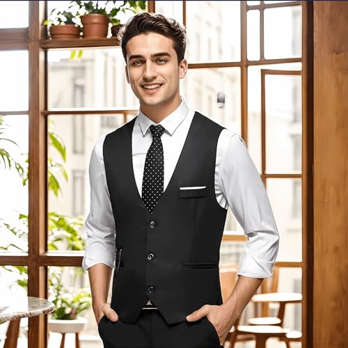DOKKIA Men's Dress Vest Suit Waistcoat Formal Business Slim Fit V-neck Sleeveless Tuxedo Jacket with Chain Black Large