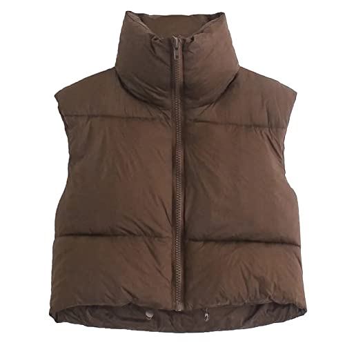 Kissonic Women's Padded Down Vest Puffer Stand Collar Zip Up Crop Sleeveless Jacket (Large, Brown)