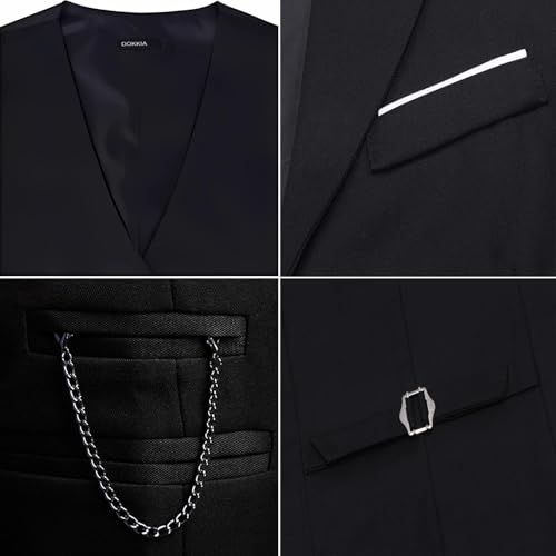 DOKKIA Men's Dress Vest Suit Waistcoat Formal Business Slim Fit V-neck Sleeveless Tuxedo Jacket with Chain Black Large