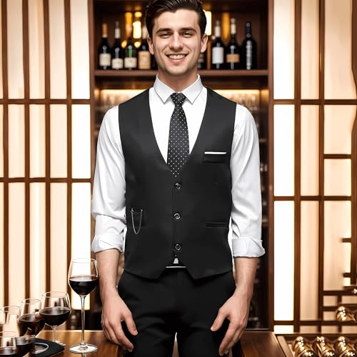 DOKKIA Men's Dress Vest Suit Waistcoat Formal Business Slim Fit V-neck Sleeveless Tuxedo Jacket with Chain Black Large