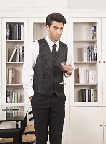 HISDERN Men's Classic Black Vest Tie Set Paisley Printed Jacquard Necktie Pocket Square Handkerchief Waistcoat for Wedding Prom Dress or Tuxedo