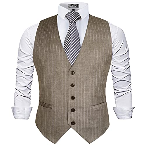 Alizeal Mens Pinstripe Business Suit Vest Formal Dress Tuxedo Waistcoat, Light Coffee Striped-XL