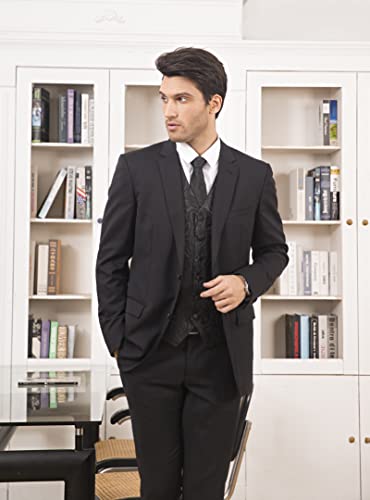 HISDERN Men's Classic Black Vest Tie Set Paisley Printed Jacquard Necktie Pocket Square Handkerchief Waistcoat for Wedding Prom Dress or Tuxedo