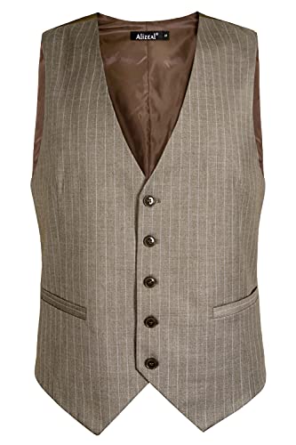 Alizeal Mens Pinstripe Business Suit Vest Formal Dress Tuxedo Waistcoat, Light Coffee Striped-XL