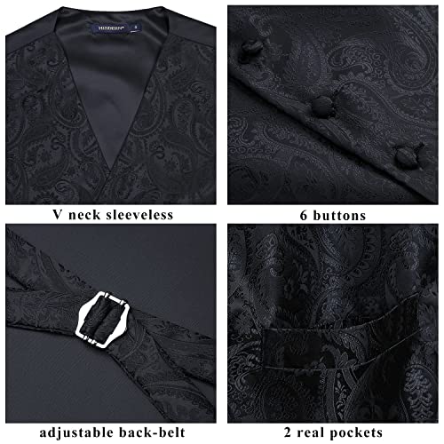 HISDERN Men's Classic Black Vest Tie Set Paisley Printed Jacquard Necktie Pocket Square Handkerchief Waistcoat for Wedding Prom Dress or Tuxedo