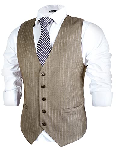 Alizeal Mens Pinstripe Business Suit Vest Formal Dress Tuxedo Waistcoat, Light Coffee Striped-XL