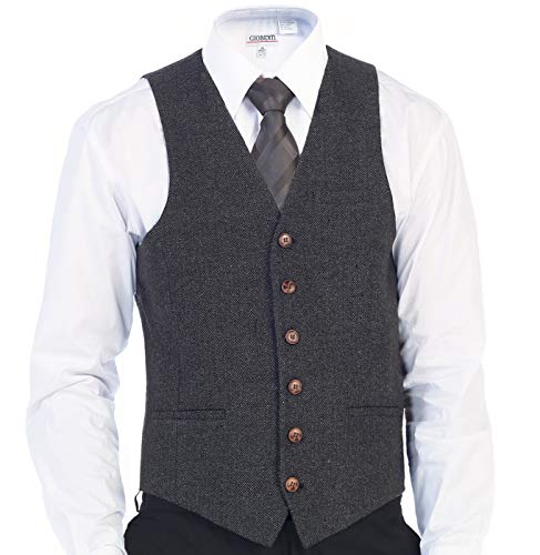 Gioberti Men's 6 Button Formal Herringbone Tweed Vest, Herringbone Charcoal, X Large