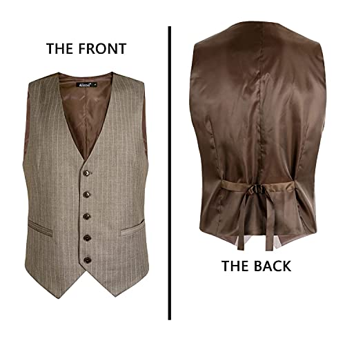Alizeal Mens Pinstripe Business Suit Vest Formal Dress Tuxedo Waistcoat, Light Coffee Striped-XL