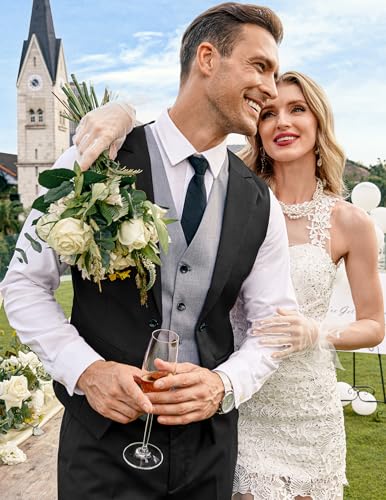 Coofandy Mens Formal Fashion Layered Vest Waistcoat Dress Vest, Black, Large