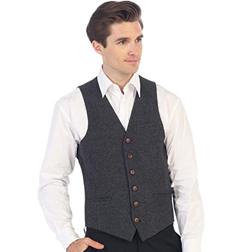 Gioberti Men's 6 Button Formal Herringbone Tweed Vest, Herringbone Charcoal, X Large