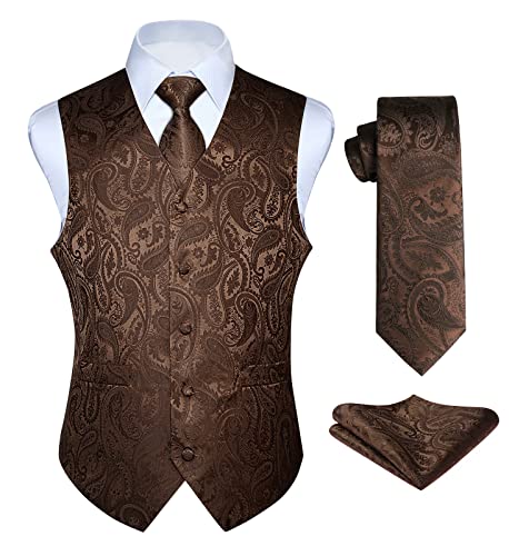 HISDERN Men's C Vest Tie Set Paisley Floral Jacquard Classic Silk Necktie Pocket Square Waistcoat for Suit or Tuxedo Brown