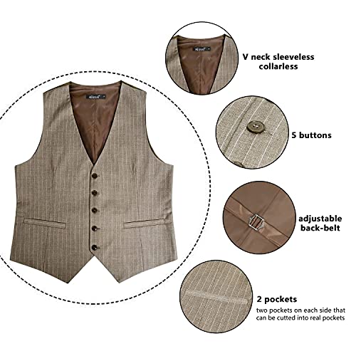Alizeal Mens Pinstripe Business Suit Vest Formal Dress Tuxedo Waistcoat, Light Coffee Striped-XL