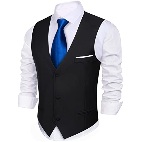 Barry.Wang Mens Black Formal Suit Vest Slim Fit V-neck 2 Pockets Wedding Party Dress Waistcoat