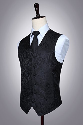 HISDERN Men's Classic Black Vest Tie Set Paisley Printed Jacquard Necktie Pocket Square Handkerchief Waistcoat for Wedding Prom Dress or Tuxedo