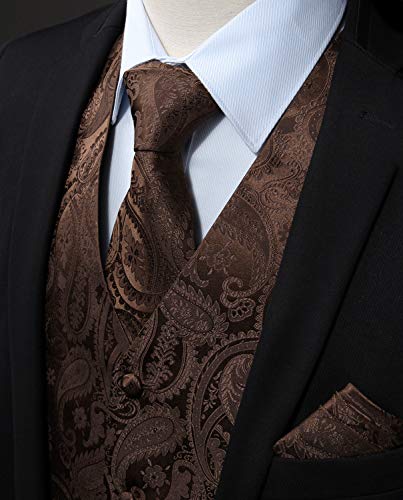 HISDERN Men's C Vest Tie Set Paisley Floral Jacquard Classic Silk Necktie Pocket Square Waistcoat for Suit or Tuxedo Brown