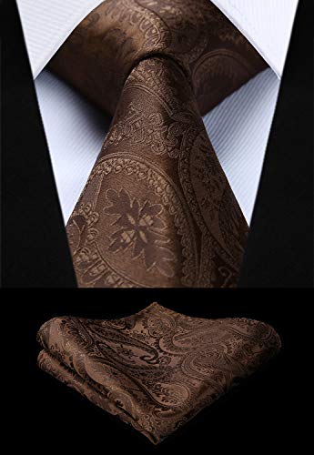 HISDERN Men's C Vest Tie Set Paisley Floral Jacquard Classic Silk Necktie Pocket Square Waistcoat for Suit or Tuxedo Brown
