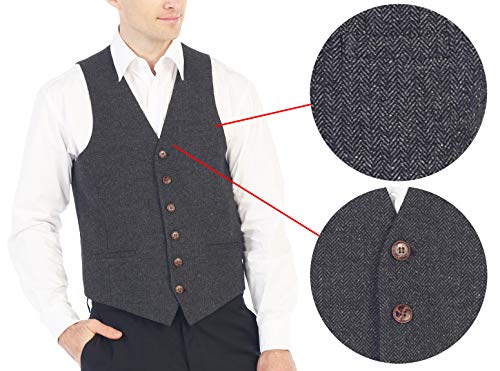 Gioberti Men's 6 Button Formal Herringbone Tweed Vest, Herringbone Charcoal, X Large