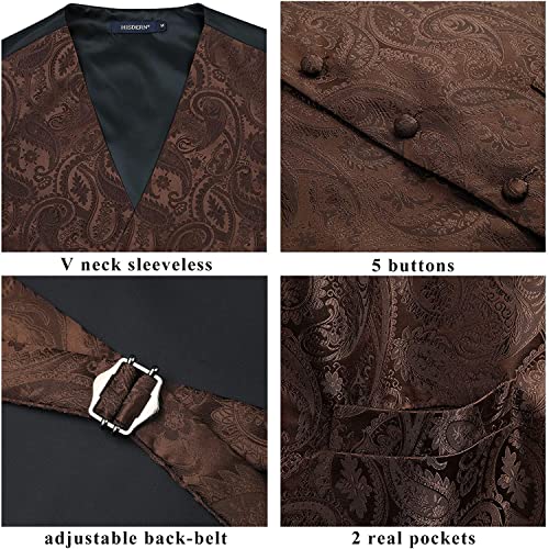 HISDERN Men's C Vest Tie Set Paisley Floral Jacquard Classic Silk Necktie Pocket Square Waistcoat for Suit or Tuxedo Brown