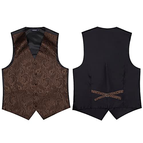 HISDERN Men's C Vest Tie Set Paisley Floral Jacquard Classic Silk Necktie Pocket Square Waistcoat for Suit or Tuxedo Brown