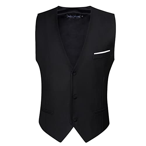 Barry.Wang Mens Black Formal Suit Vest Slim Fit V-neck 2 Pockets Wedding Party Dress Waistcoat