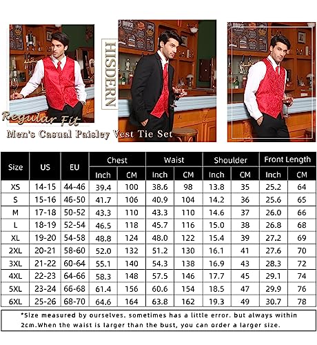HISDERN Men's C Vest Tie Set Paisley Floral Jacquard Classic Silk Necktie Pocket Square Waistcoat for Suit or Tuxedo Brown