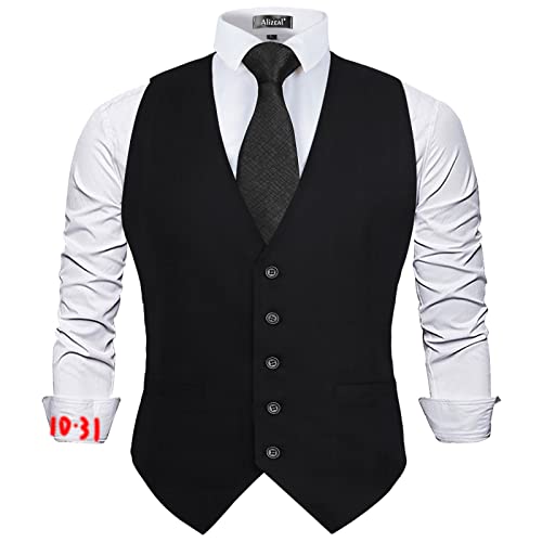 Alizeal Mens Classic Solid Color Formal Business Suit Vest Regular Fit Waistcoat with 5 Buttons, Black-XL