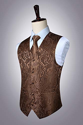HISDERN Men's C Vest Tie Set Paisley Floral Jacquard Classic Silk Necktie Pocket Square Waistcoat for Suit or Tuxedo Brown