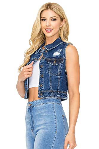 Wax Jeans Women's Juniors Classic Cropped Denim Vest (Dark Denim, Small)