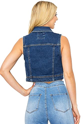 Wax Jeans Women's Juniors Classic Cropped Denim Vest (Dark Denim, Small)