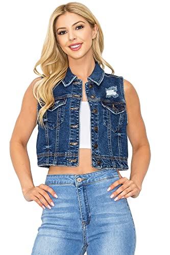 Wax Jeans Women's Juniors Classic Cropped Denim Vest (Dark Denim, Small)