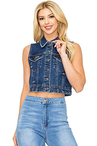 Wax Jeans Women's Juniors Classic Cropped Denim Vest (Dark Denim, Small)