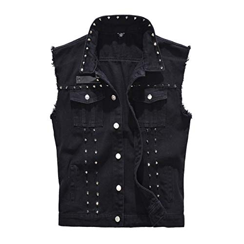 Cekaso Men's Denim Vest Sleeveless Jacket Punk Casual Lapel Jean Outerwear Vests with Rivets, Black, Tagsize6XL=USsize2XL