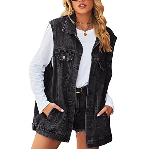 Perbai Women's Oversized Denim Vest Distressed Mid Long Sleeveless Jean Jacket Waistcoat with Pockets(Grey-XS)