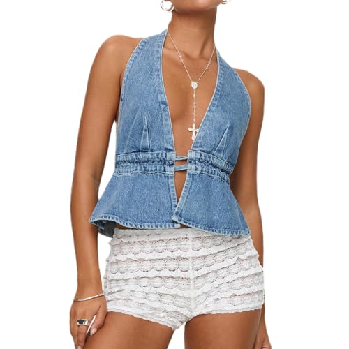 Women Sexy Backless Denim Vest Deep V Neck Sleeveless Tie Up Ruffle Hem Halter Jean Vest Slim Fitted Crop Top (Blue, M)