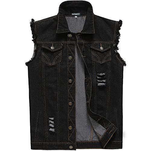 NASKY Men's Fit Retro Ripped Denim Vest Sleeveless Jean Vest and Jacket (X-Large, Black)